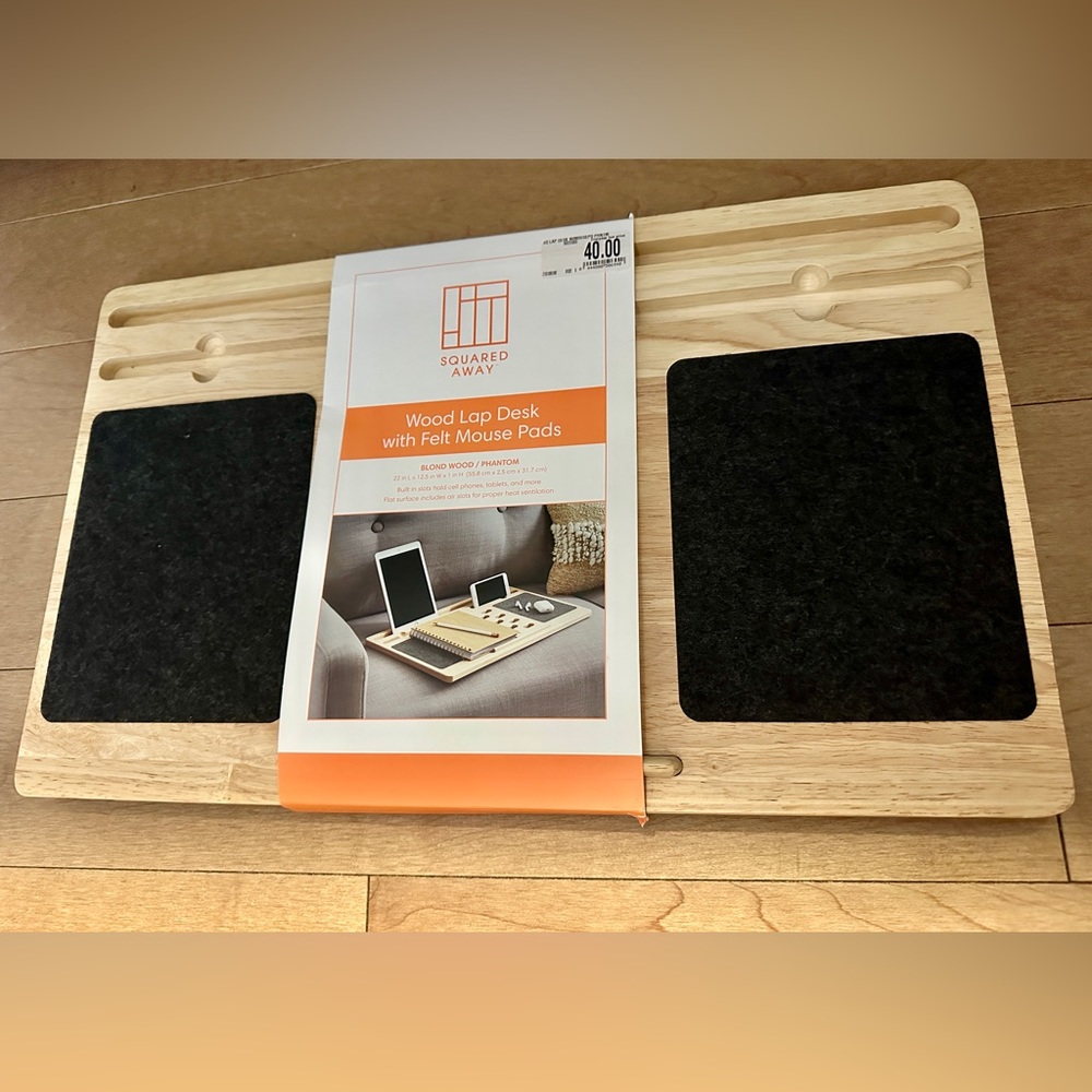 Wood lap desk with felt mouse pads. Brand new